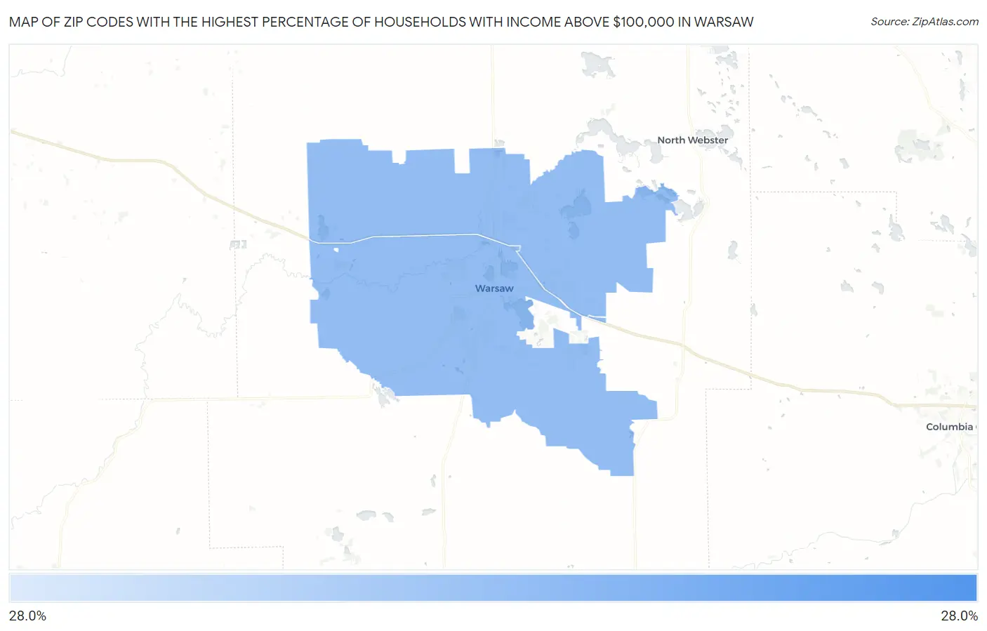 Zip Codes with the Highest Percentage of Households with Income Above $100,000 in Warsaw Map