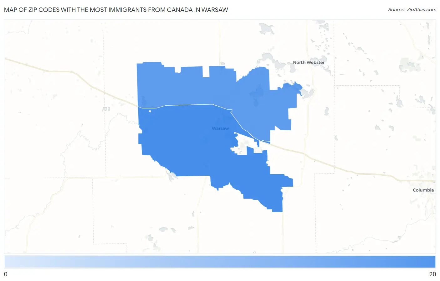 Zip Codes with the Most Immigrants from Canada in Warsaw Map