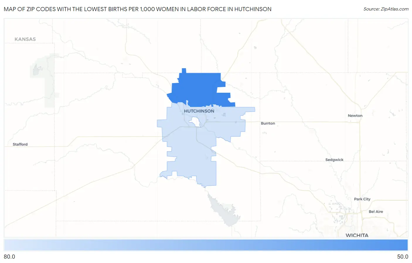 Zip Codes with the Lowest Births per 1,000 Women in Labor Force in Hutchinson Map