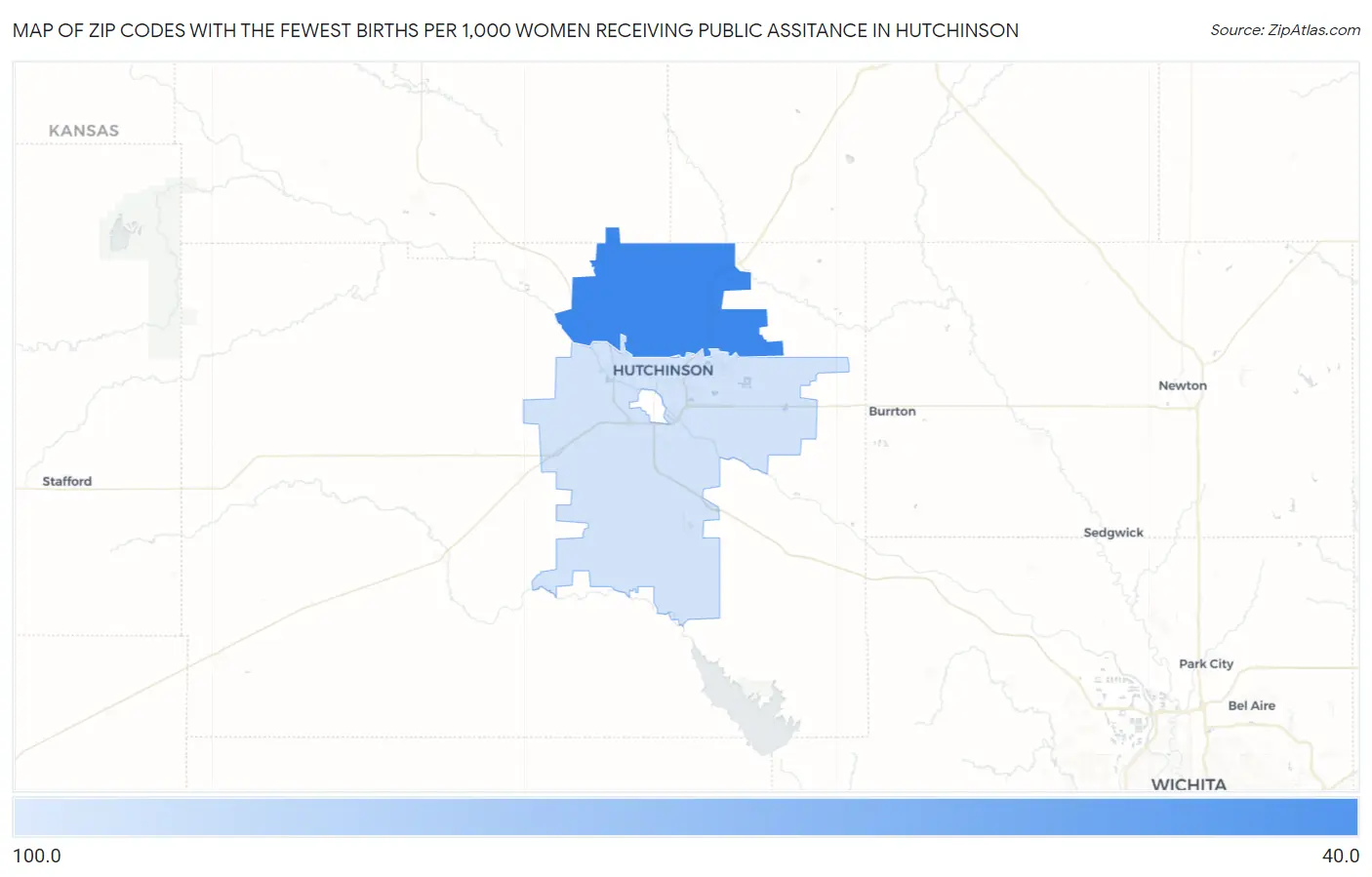 Zip Codes with the Fewest Births per 1,000 Women Receiving Public Assitance in Hutchinson Map