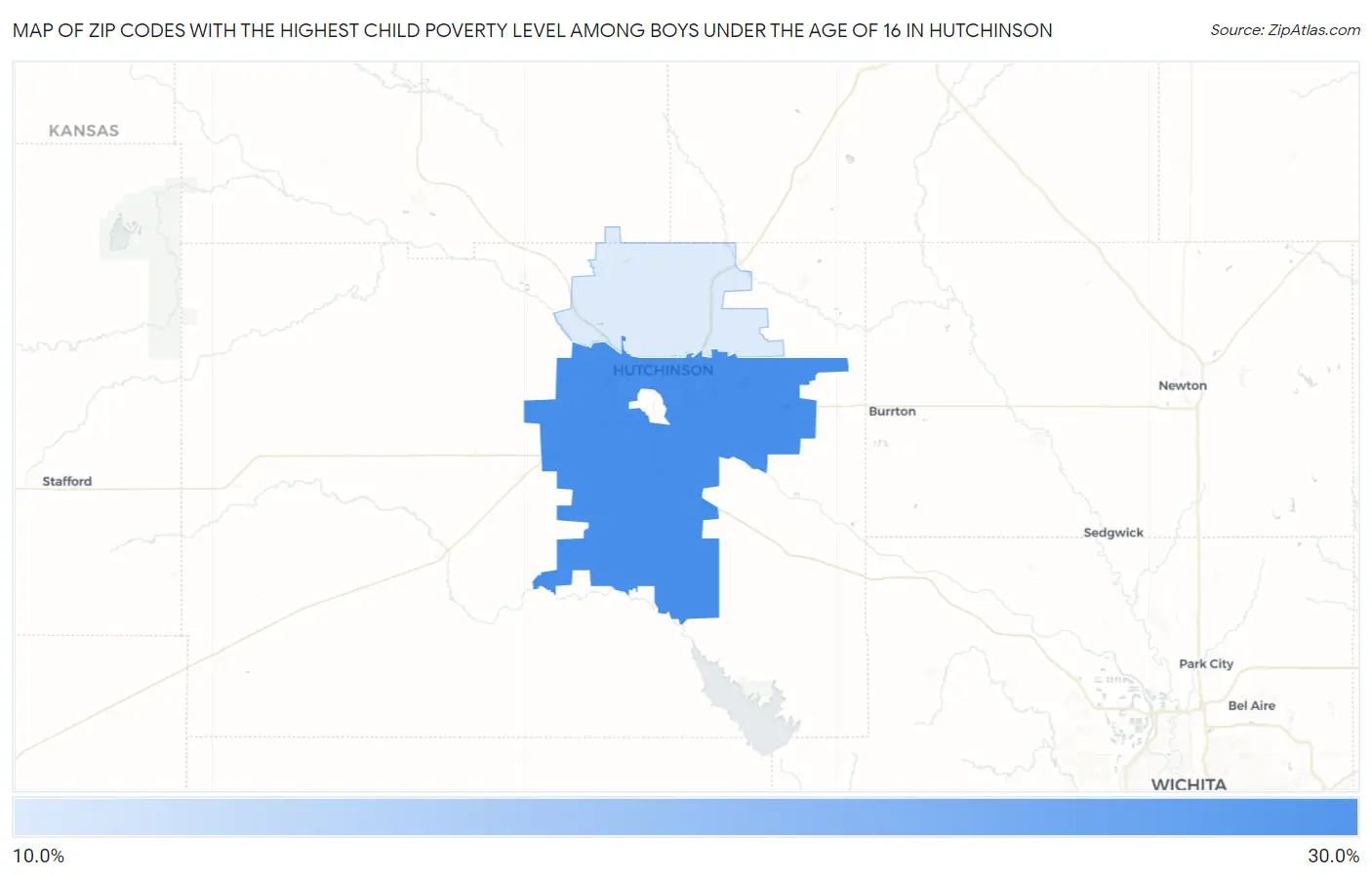 Zip Codes with the Highest Child Poverty Level Among Boys Under the Age of 16 in Hutchinson Map