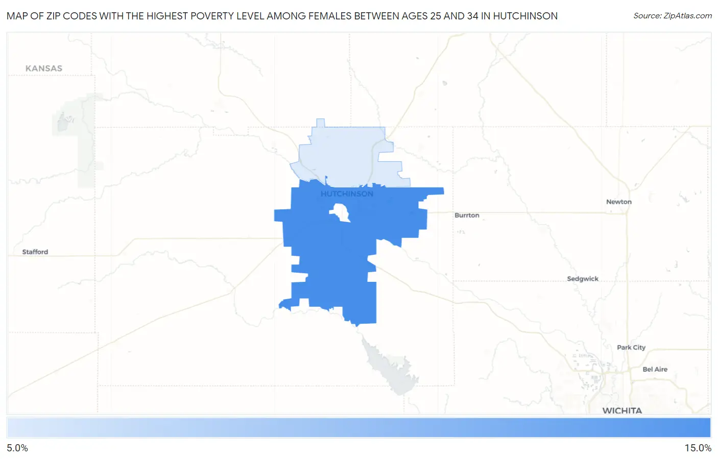 Zip Codes with the Highest Poverty Level Among Females Between Ages 25 and 34 in Hutchinson Map
