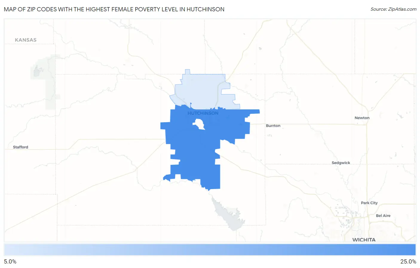 Zip Codes with the Highest Female Poverty Level in Hutchinson Map