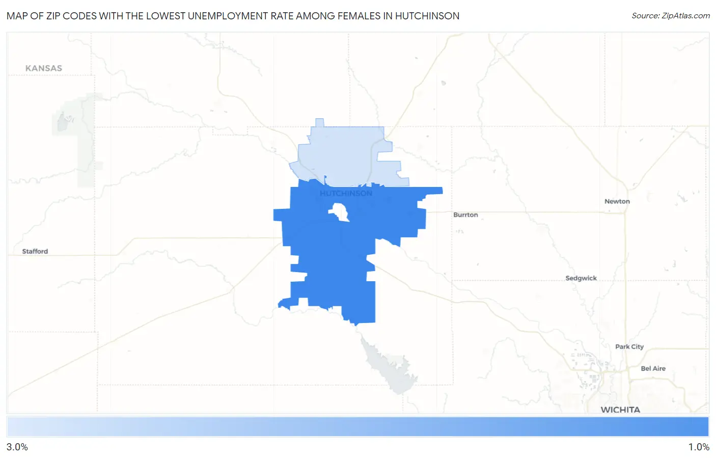 Zip Codes with the Lowest Unemployment Rate Among Females in Hutchinson Map