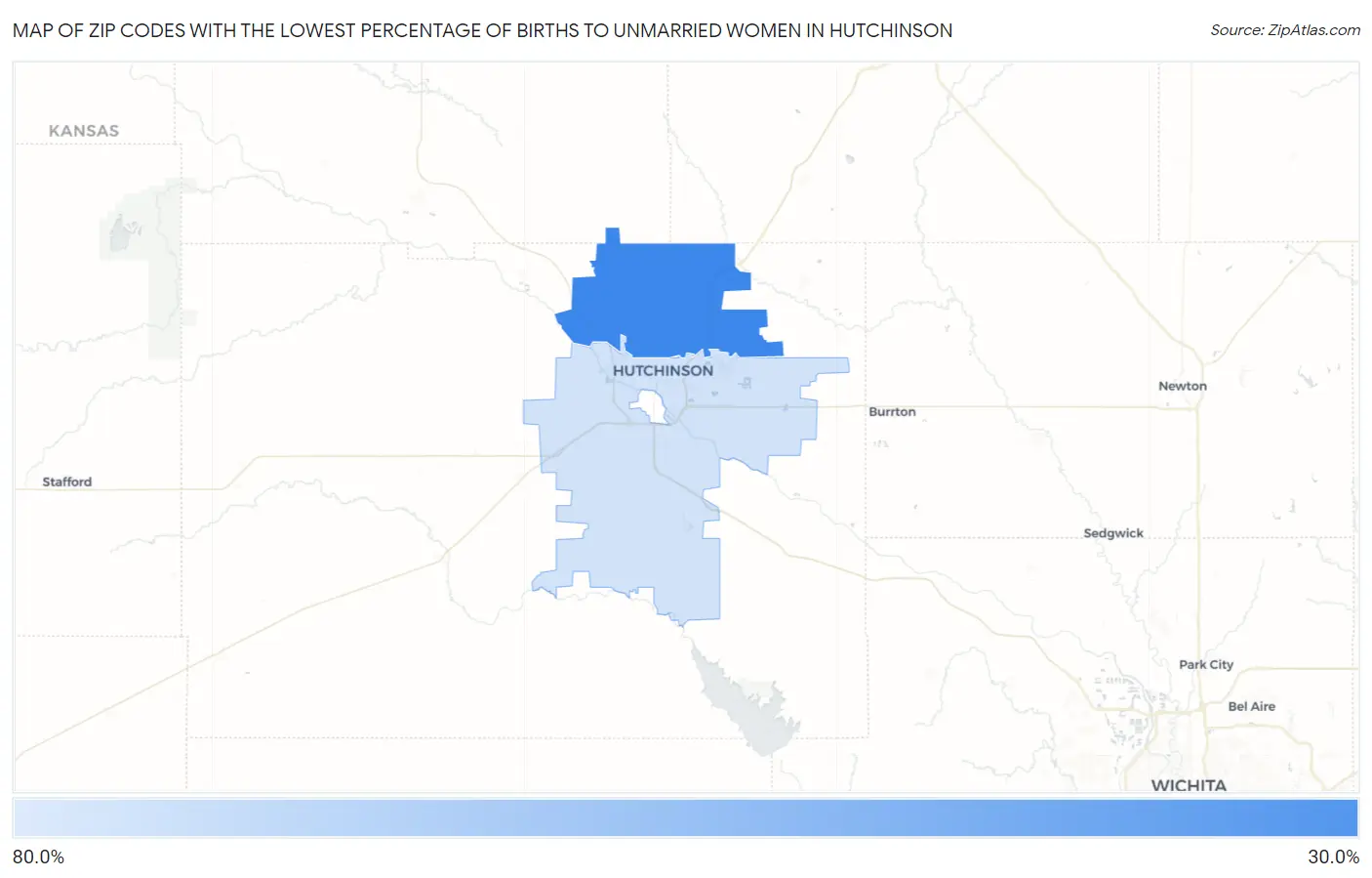Zip Codes with the Lowest Percentage of Births to Unmarried Women in Hutchinson Map