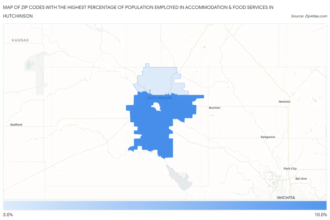 Zip Codes with the Highest Percentage of Population Employed in Accommodation & Food Services in Hutchinson Map