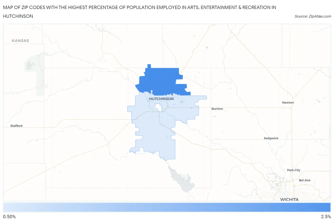 Zip Codes with the Highest Percentage of Population Employed in Arts, Entertainment & Recreation in Hutchinson Map