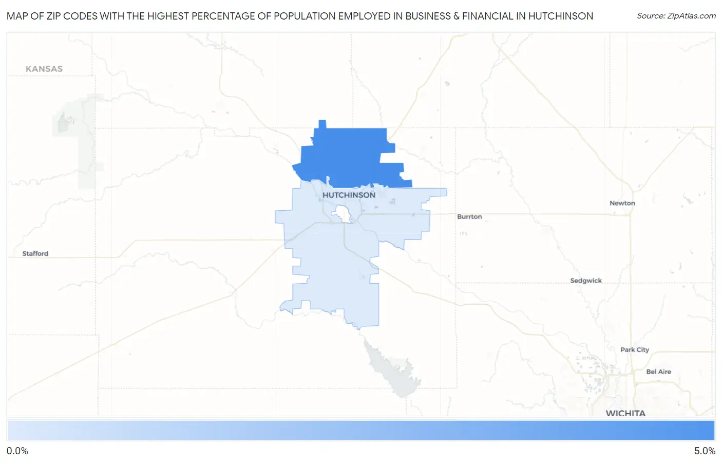 Zip Codes with the Highest Percentage of Population Employed in Business & Financial in Hutchinson Map