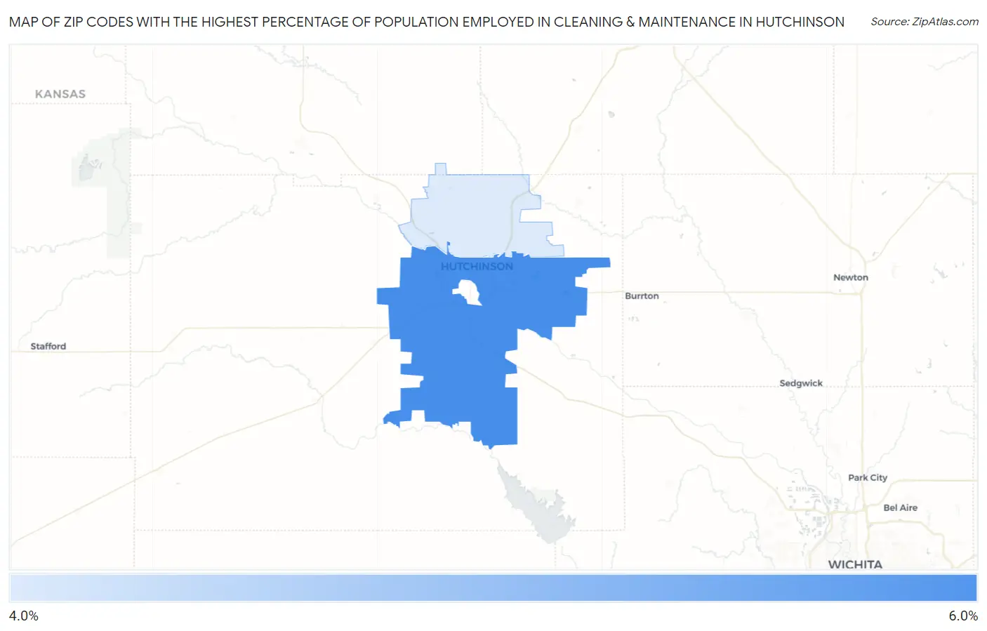Zip Codes with the Highest Percentage of Population Employed in Cleaning & Maintenance in Hutchinson Map