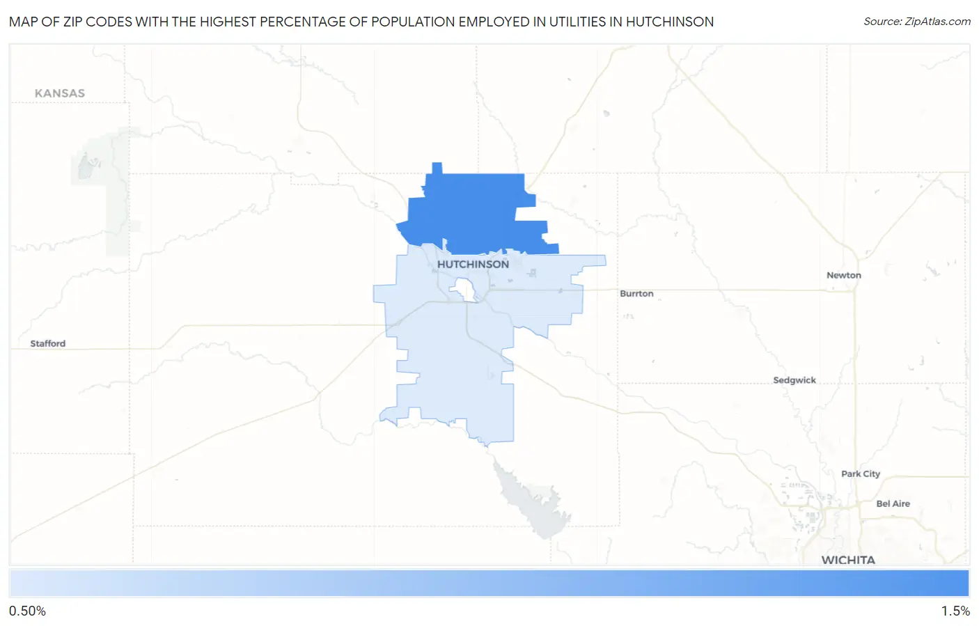 Zip Codes with the Highest Percentage of Population Employed in Utilities in Hutchinson Map