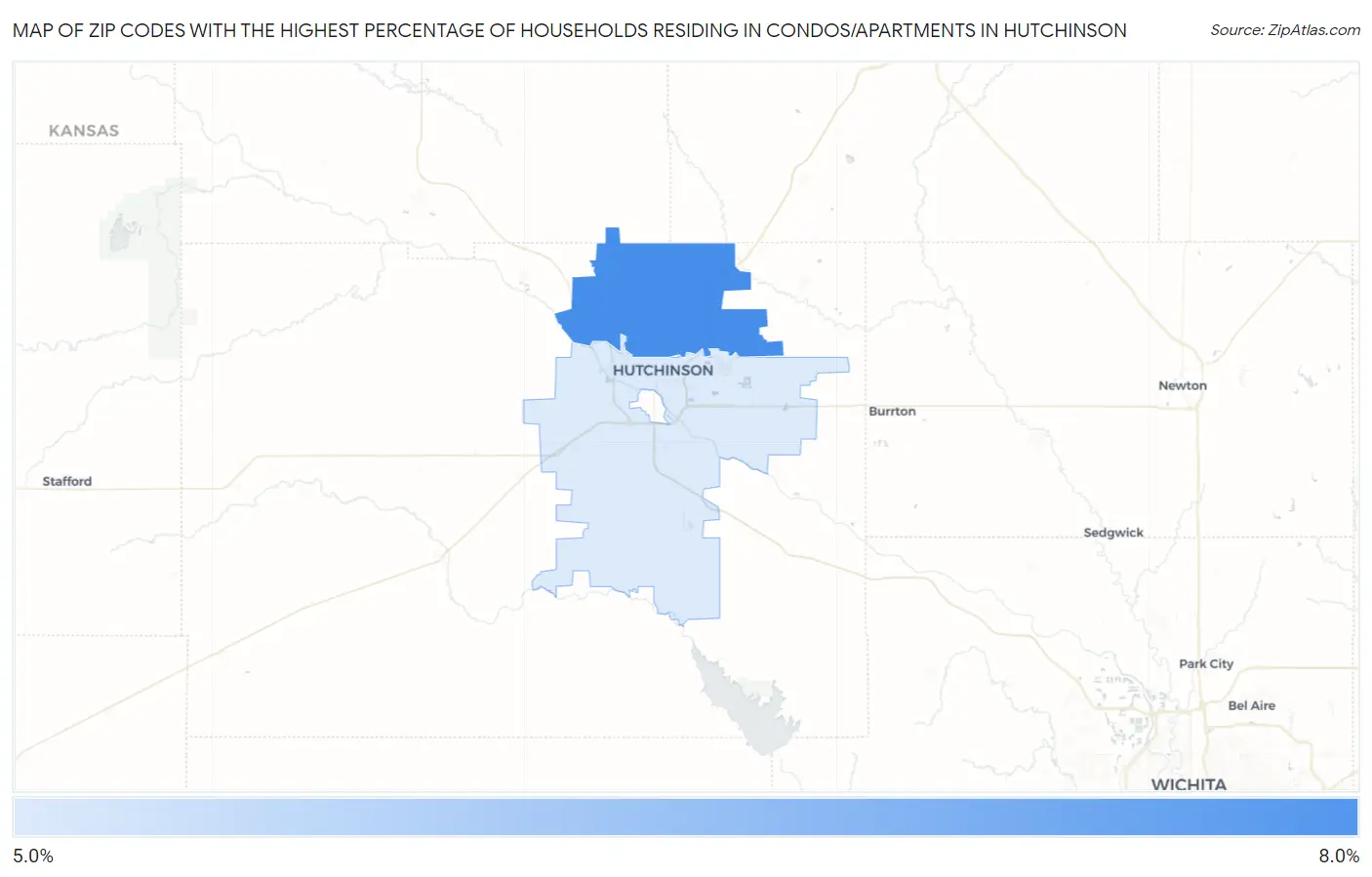 Zip Codes with the Highest Percentage of Households Residing in Condos/Apartments in Hutchinson Map