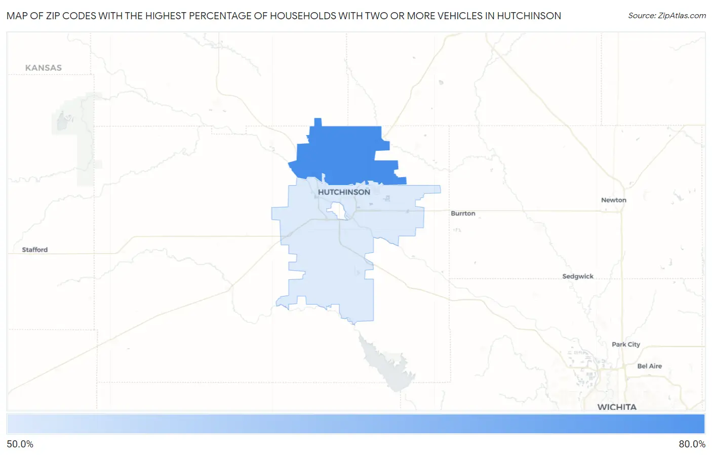 Zip Codes with the Highest Percentage of Households With Two or more Vehicles in Hutchinson Map