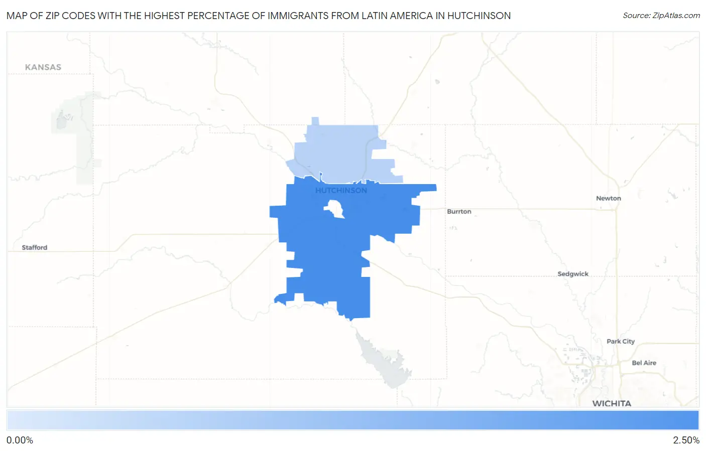 Zip Codes with the Highest Percentage of Immigrants from Latin America in Hutchinson Map