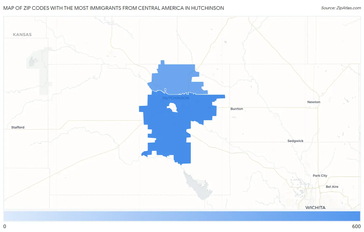 Zip Codes with the Most Immigrants from Central America in Hutchinson Map