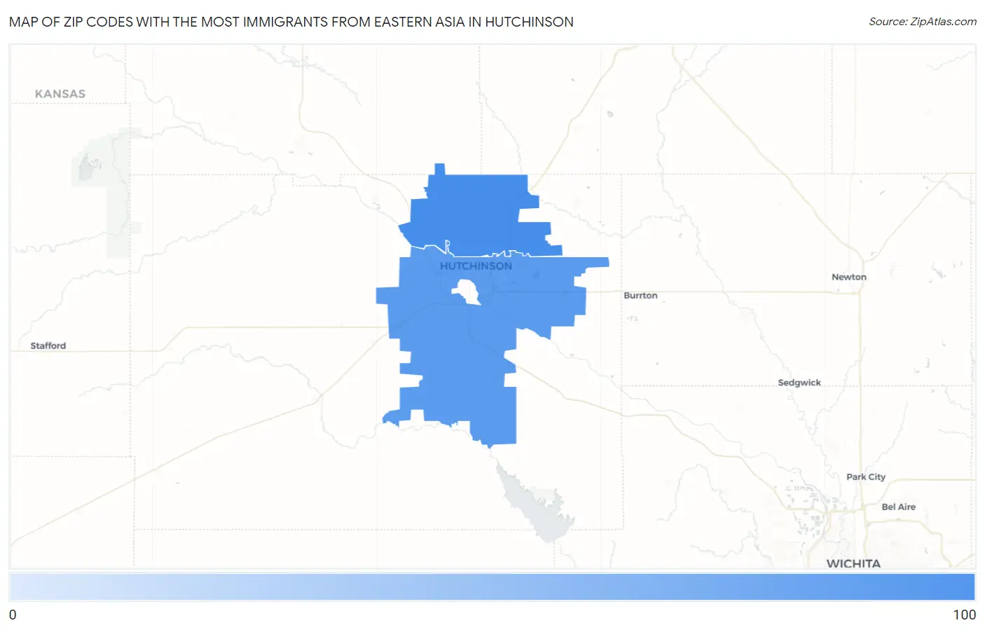 Zip Codes with the Most Immigrants from Eastern Asia in Hutchinson Map