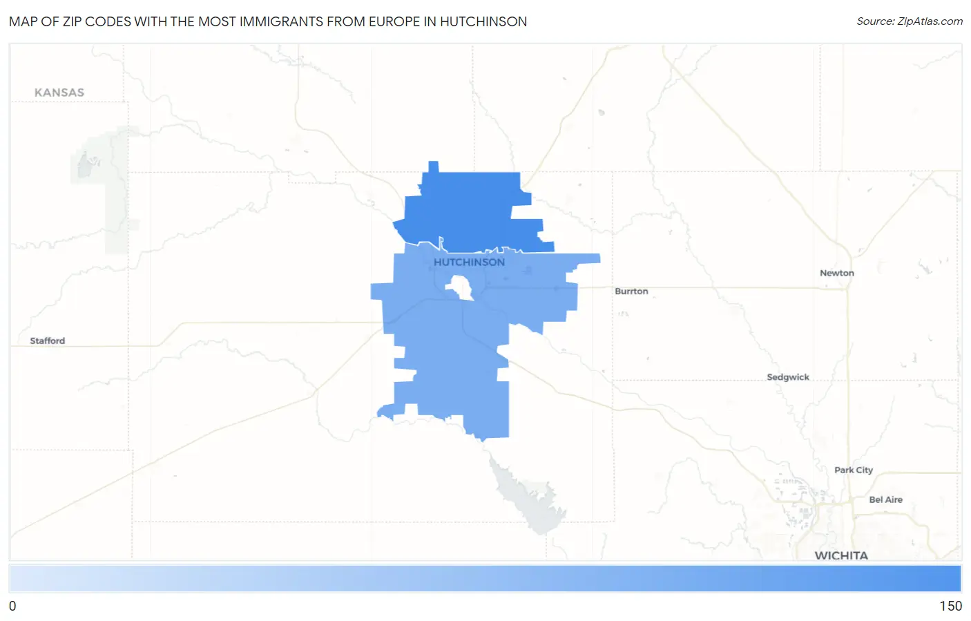 Zip Codes with the Most Immigrants from Europe in Hutchinson Map