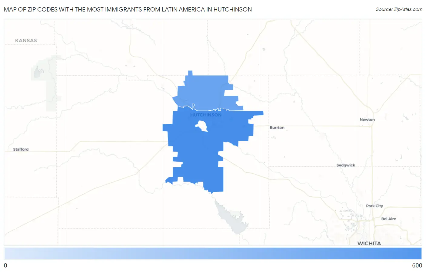 Zip Codes with the Most Immigrants from Latin America in Hutchinson Map