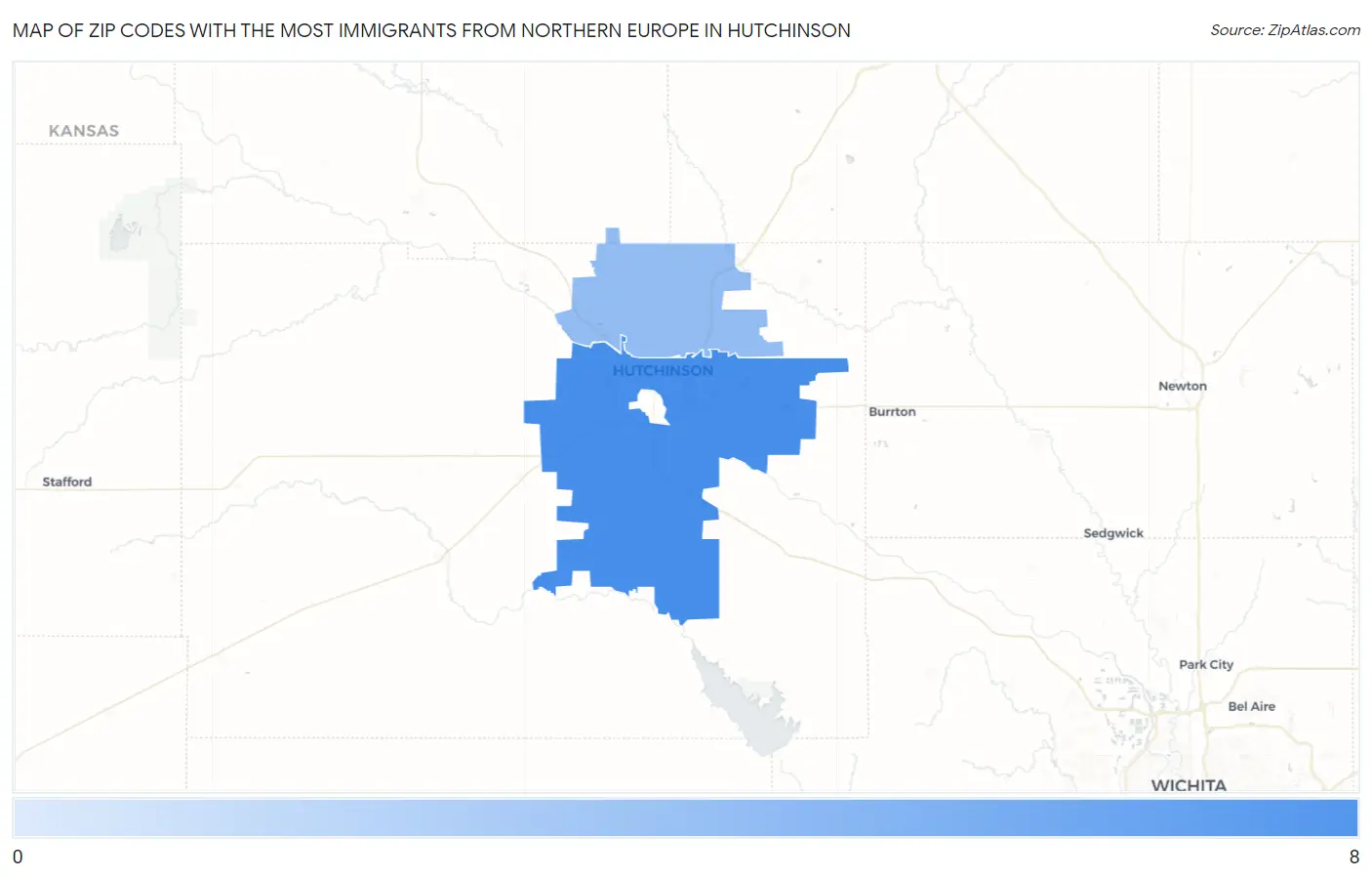 Zip Codes with the Most Immigrants from Northern Europe in Hutchinson Map