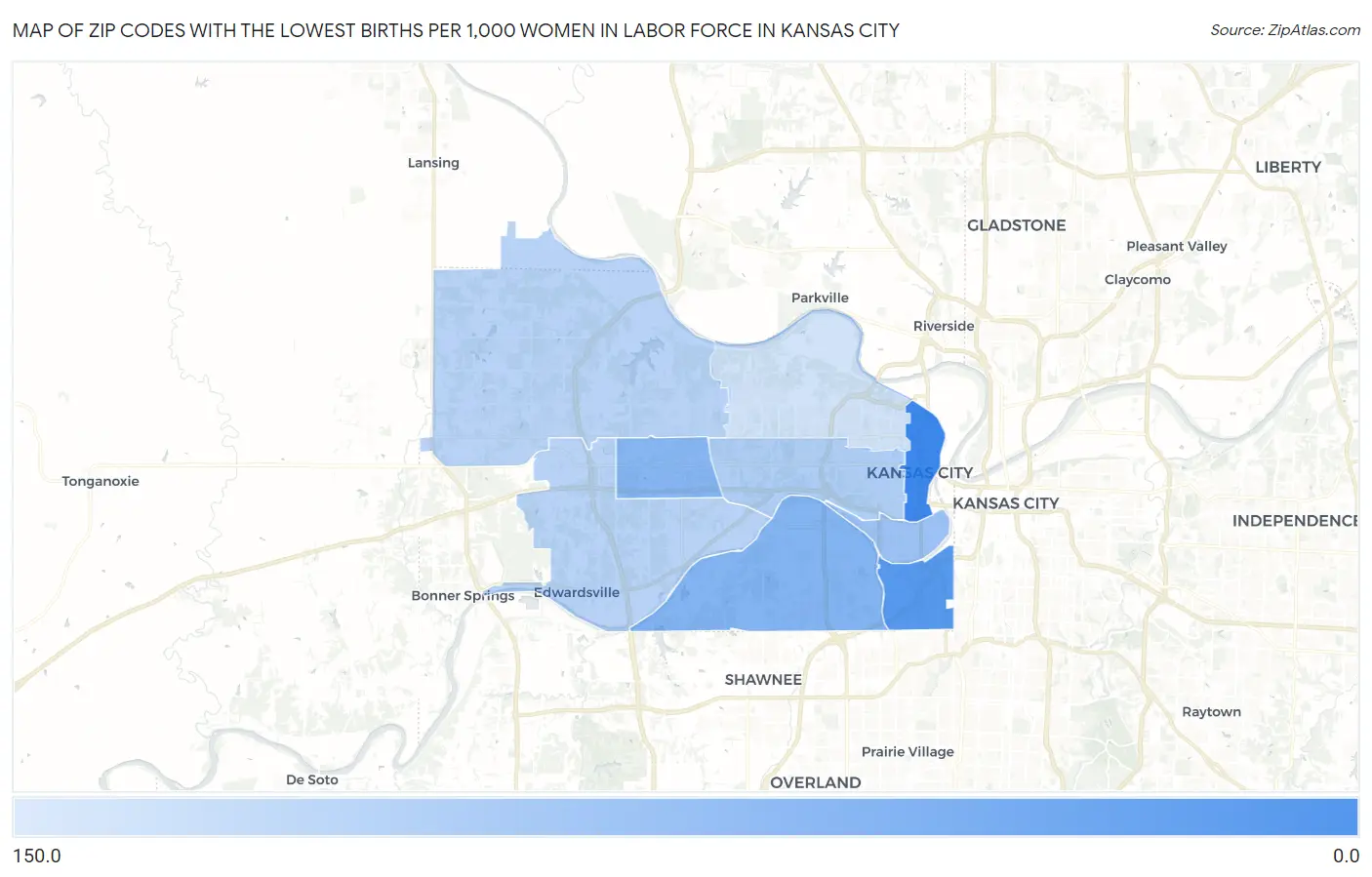 Zip Codes with the Lowest Births per 1,000 Women in Labor Force in Kansas City Map