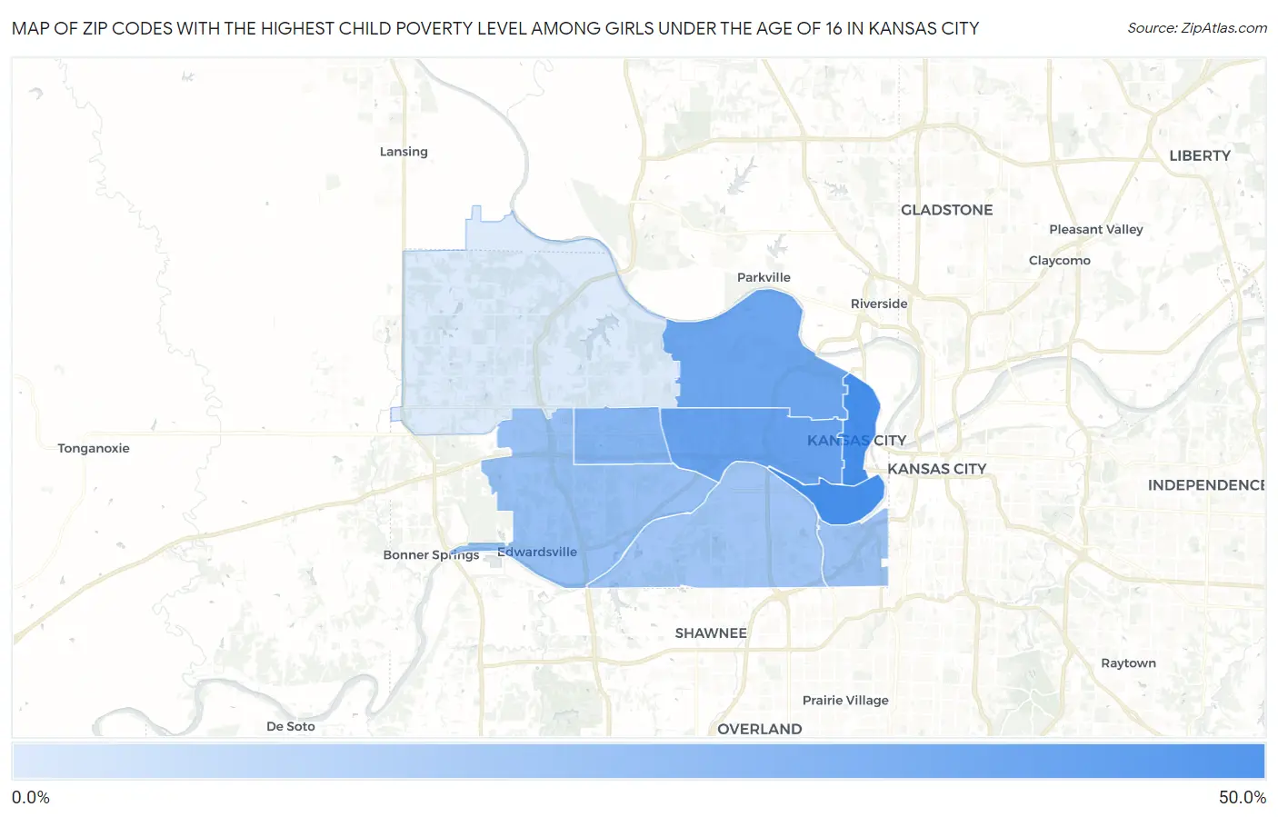 Zip Codes with the Highest Child Poverty Level Among Girls Under the Age of 16 in Kansas City Map