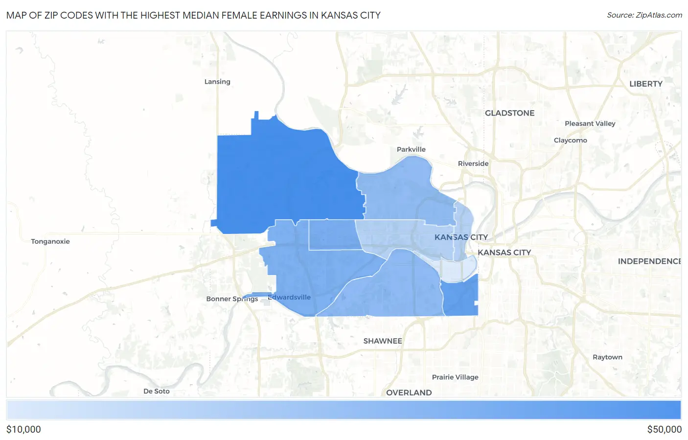 Zip Codes with the Highest Median Female Earnings in Kansas City Map