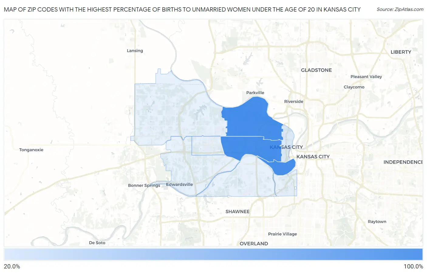 Zip Codes with the Highest Percentage of Births to Unmarried Women under the Age of 20 in Kansas City Map