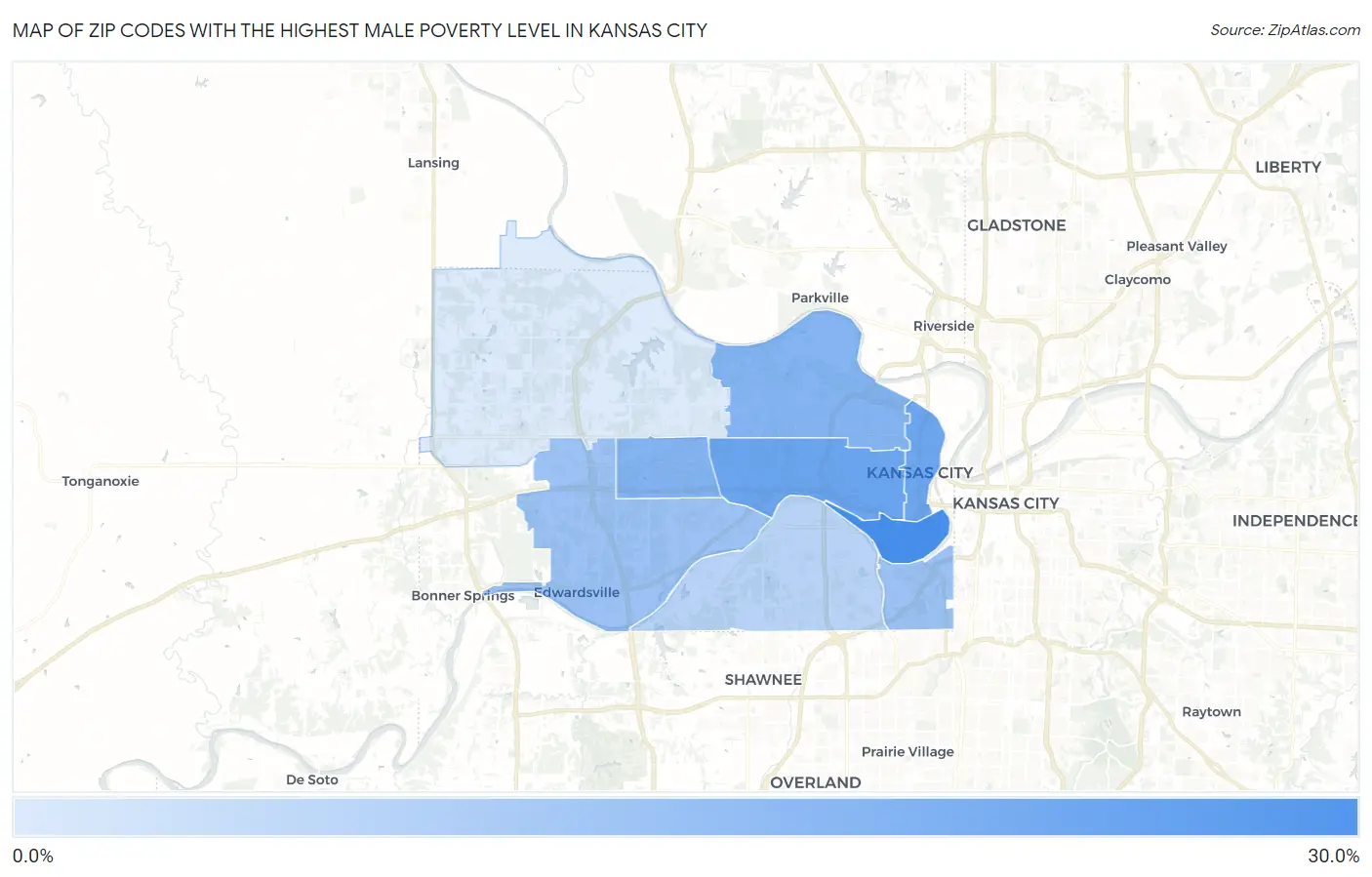 Zip Codes with the Highest Male Poverty Level in Kansas City Map