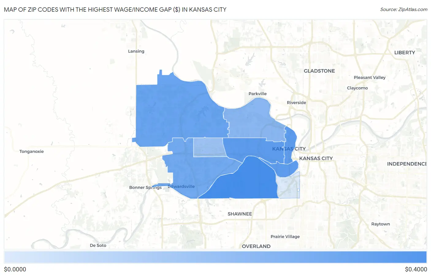 Zip Codes with the Highest Wage/Income Gap ($) in Kansas City Map