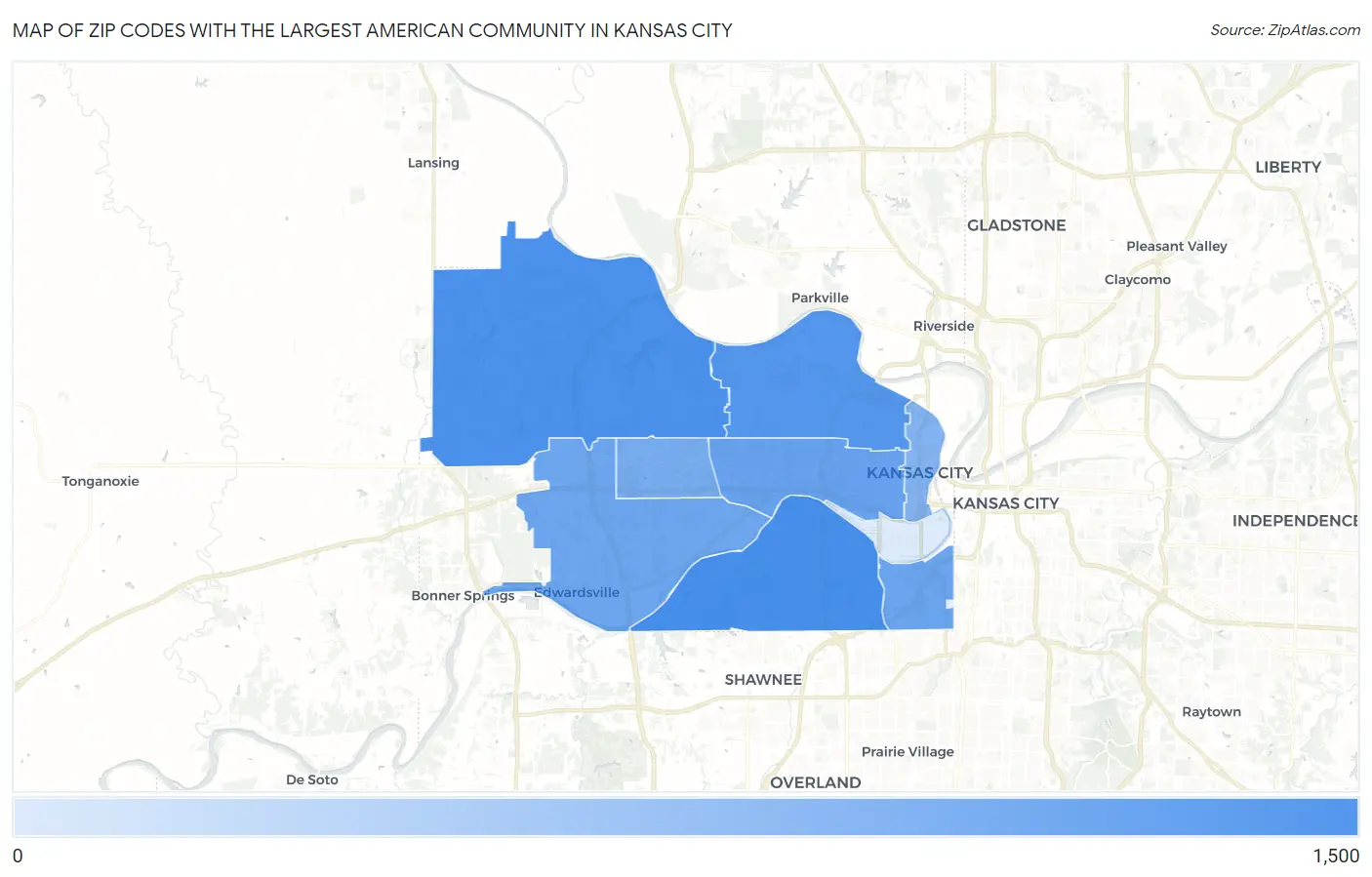Zip Codes with the Largest American Community in Kansas City Map