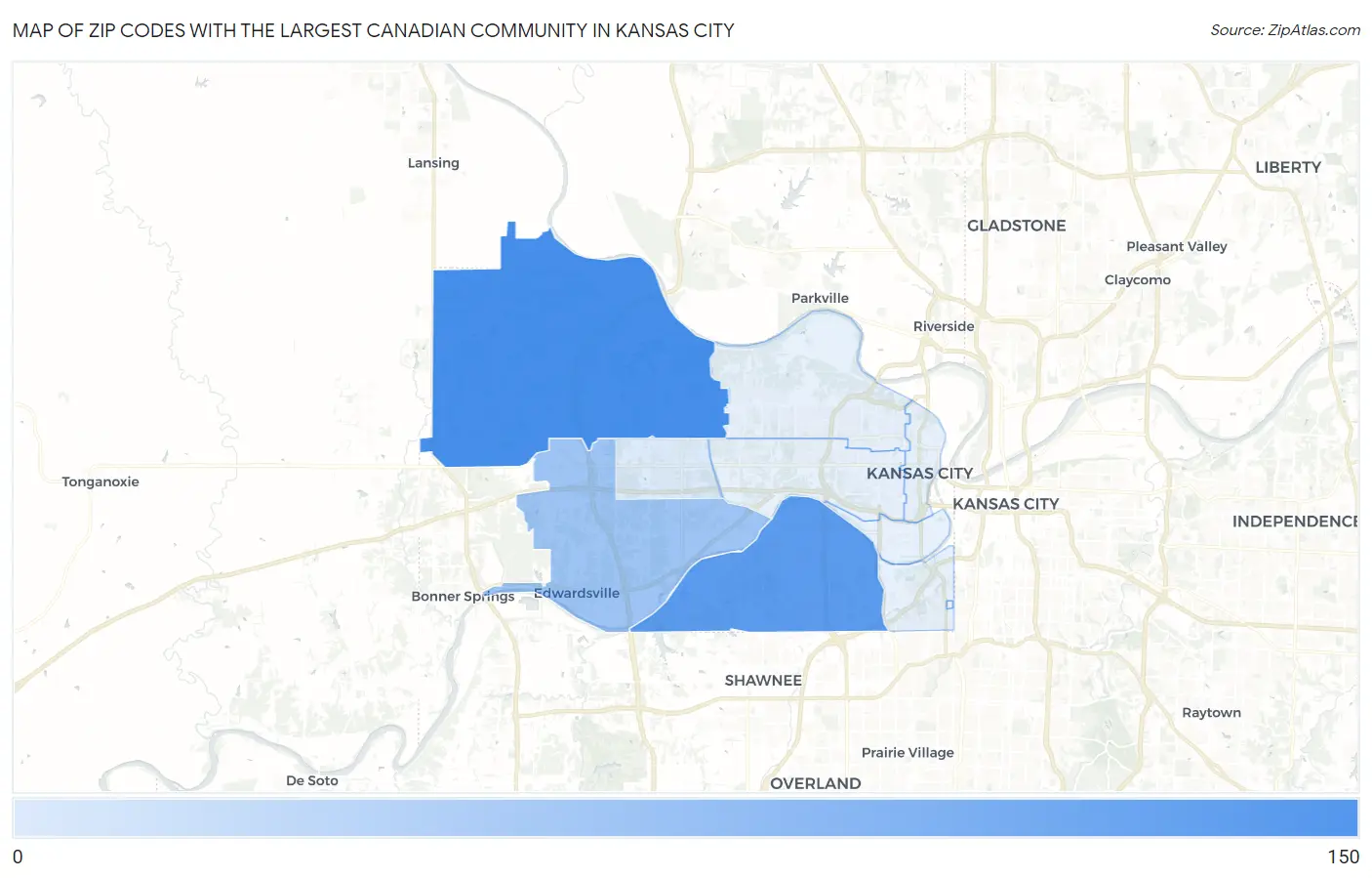 Zip Codes with the Largest Canadian Community in Kansas City Map