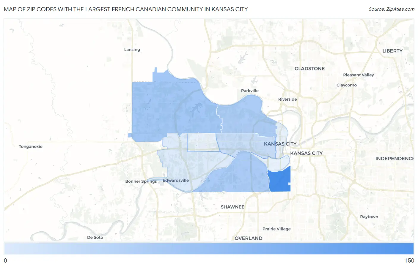 Zip Codes with the Largest French Canadian Community in Kansas City Map