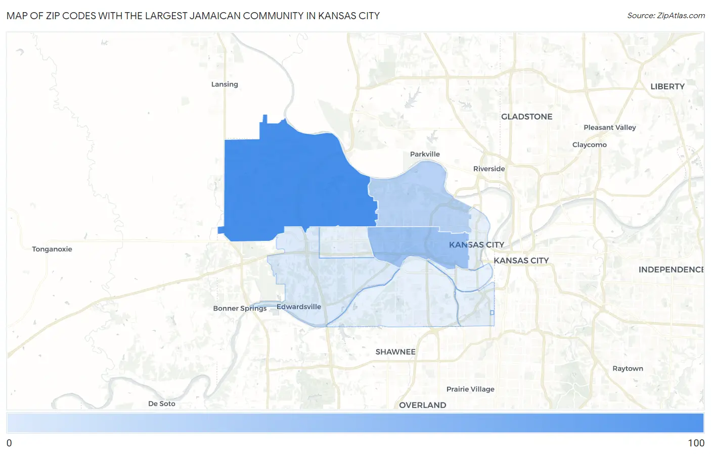 Zip Codes with the Largest Jamaican Community in Kansas City Map