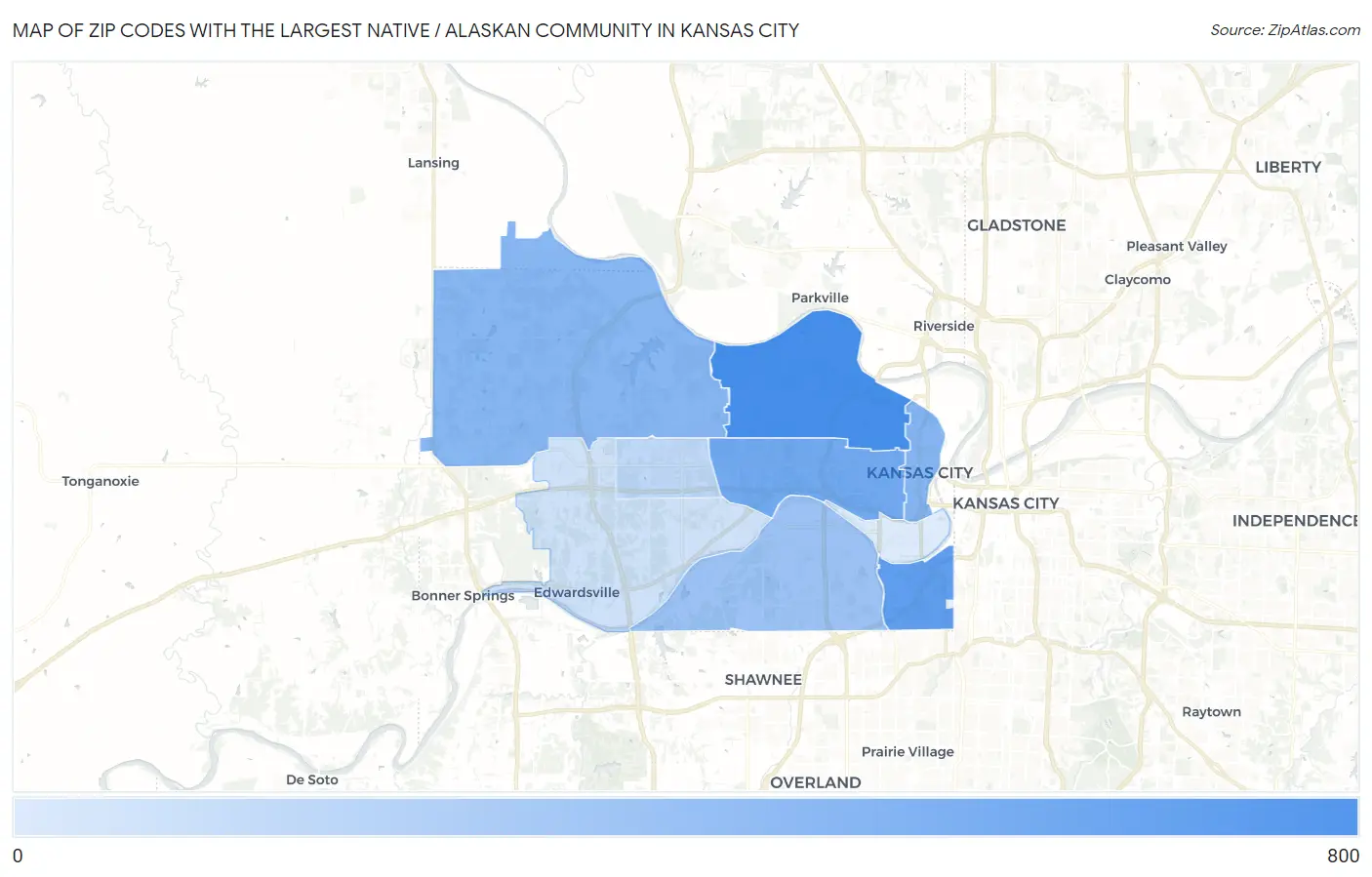Zip Codes with the Largest Native / Alaskan Community in Kansas City Map
