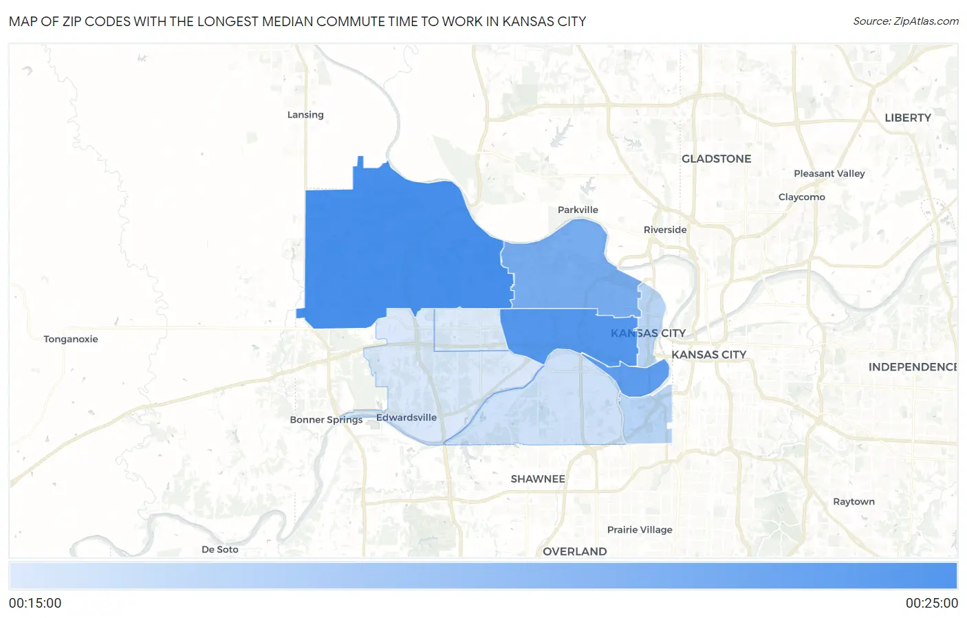 Zip Codes with the Longest Median Commute Time to Work in Kansas City Map