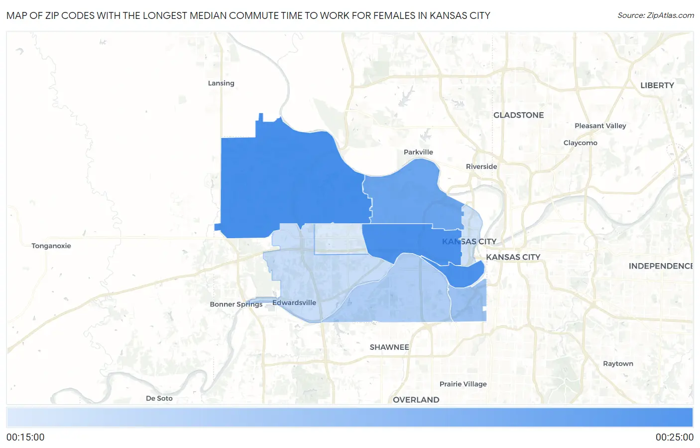 Zip Codes with the Longest Median Commute Time to Work for Females in Kansas City Map