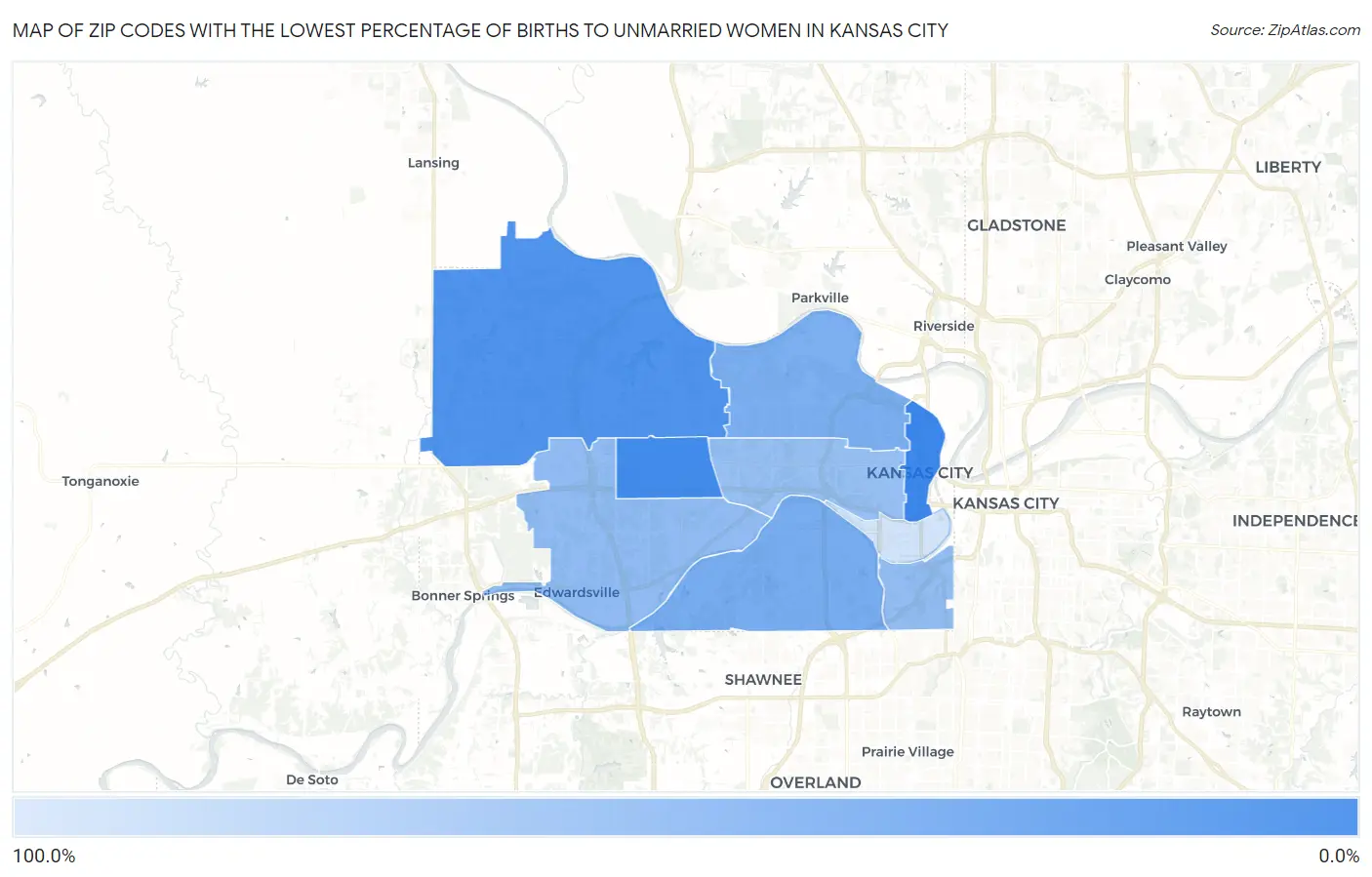 Zip Codes with the Lowest Percentage of Births to Unmarried Women in Kansas City Map