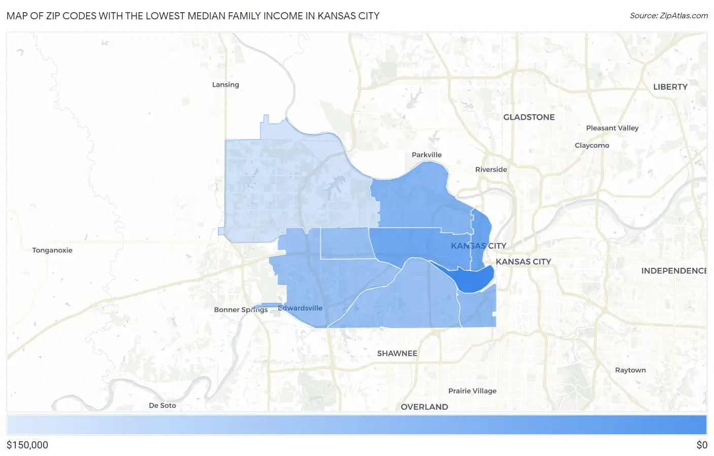 Zip Codes with the Lowest Median Family Income in Kansas City Map