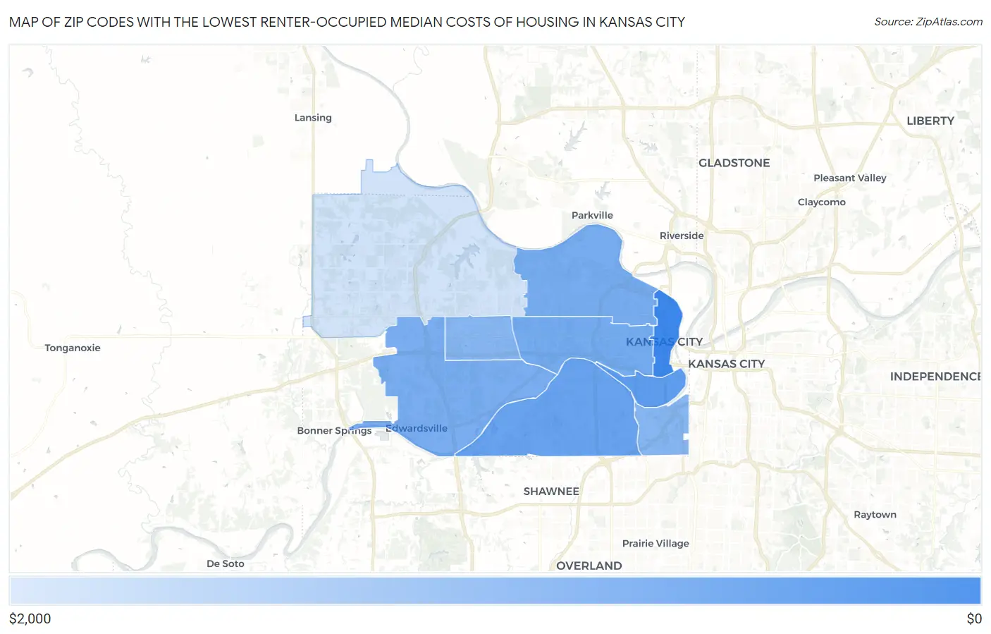 Zip Codes with the Lowest Renter-Occupied Median Costs of Housing in Kansas City Map