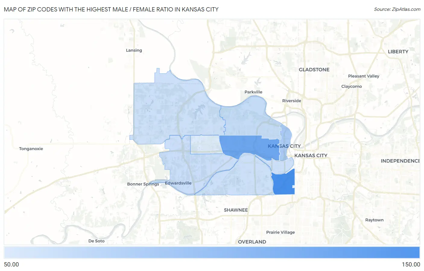 Zip Codes with the Highest Male / Female Ratio in Kansas City Map