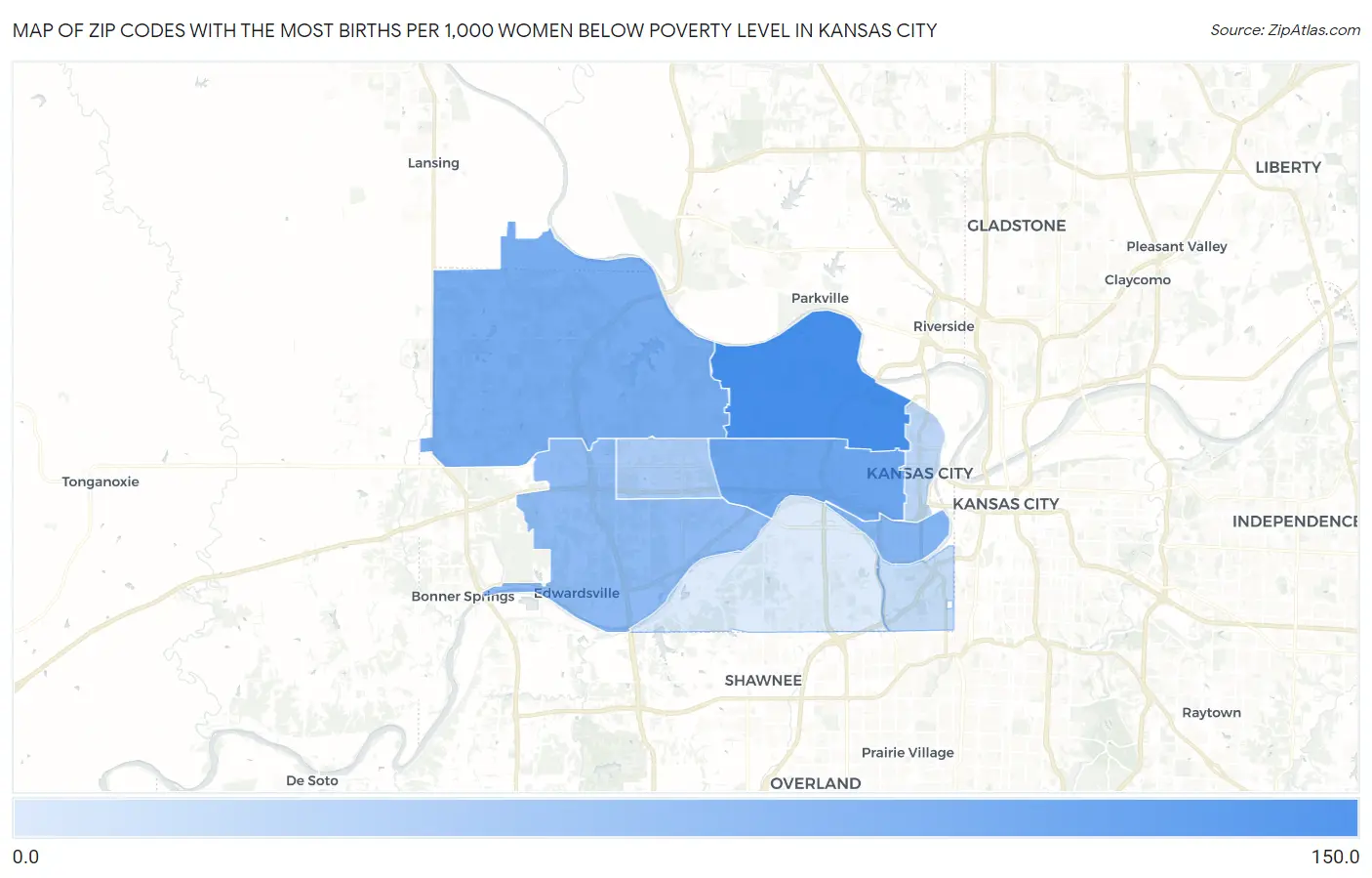 Zip Codes with the Most Births per 1,000 Women Below Poverty Level in Kansas City Map