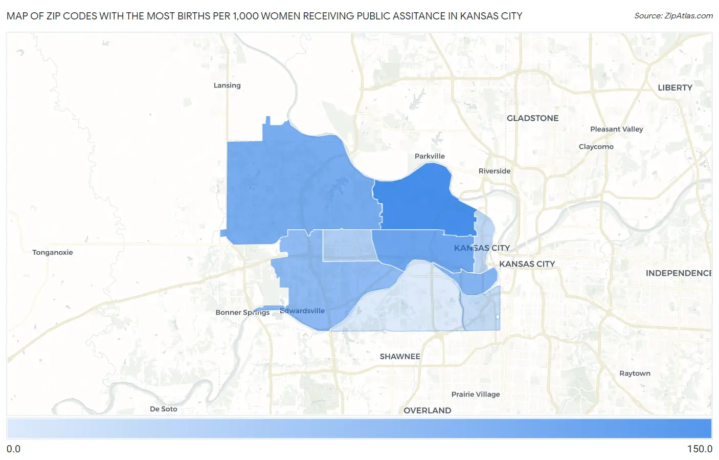 Zip Codes with the Most Births per 1,000 Women Receiving Public Assitance in Kansas City Map