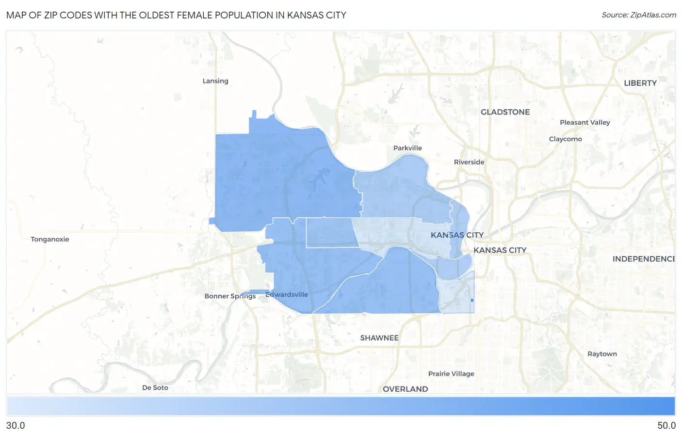 Zip Codes with the Oldest Female Population in Kansas City Map