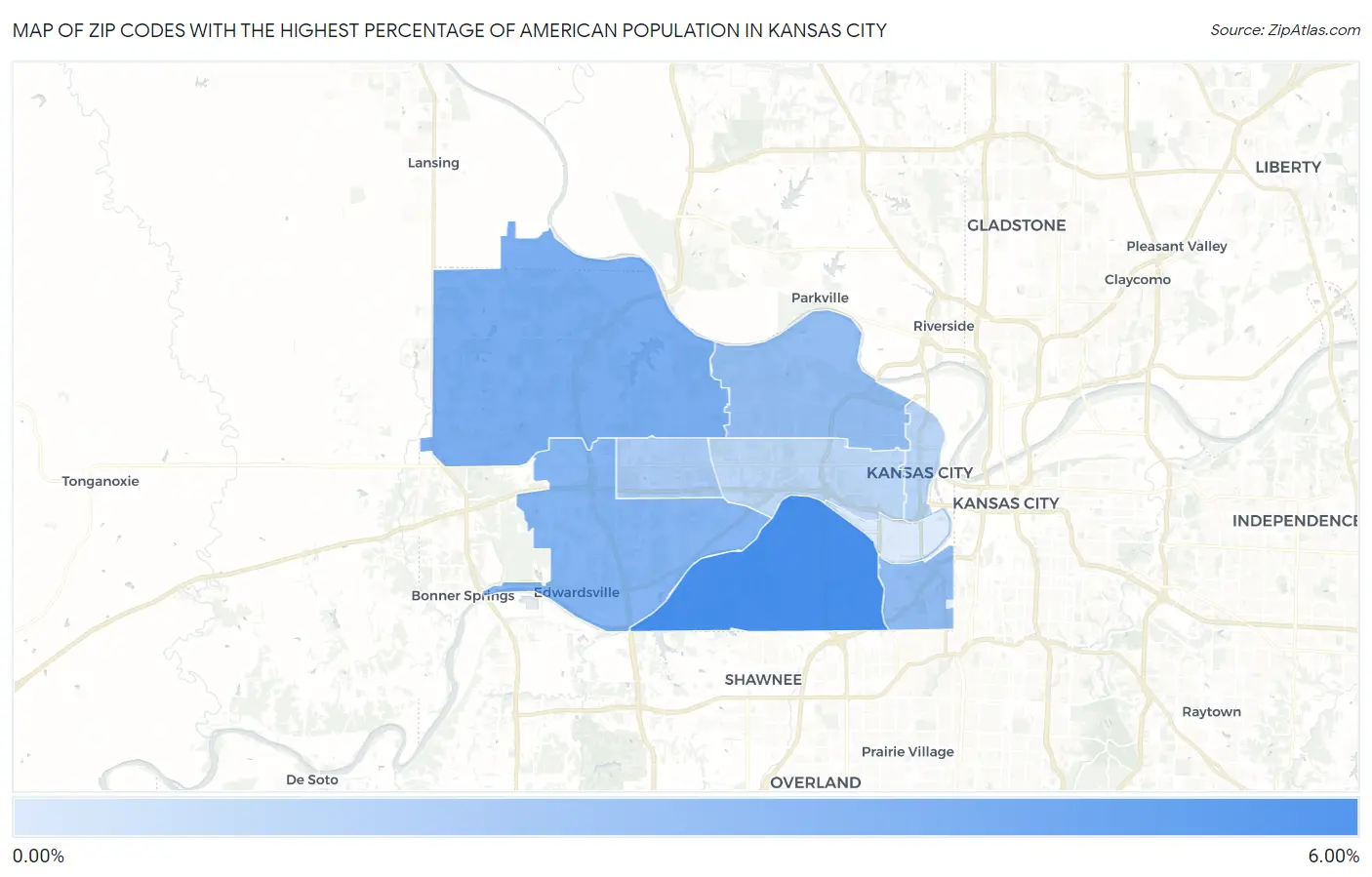 Zip Codes with the Highest Percentage of American Population in Kansas City Map