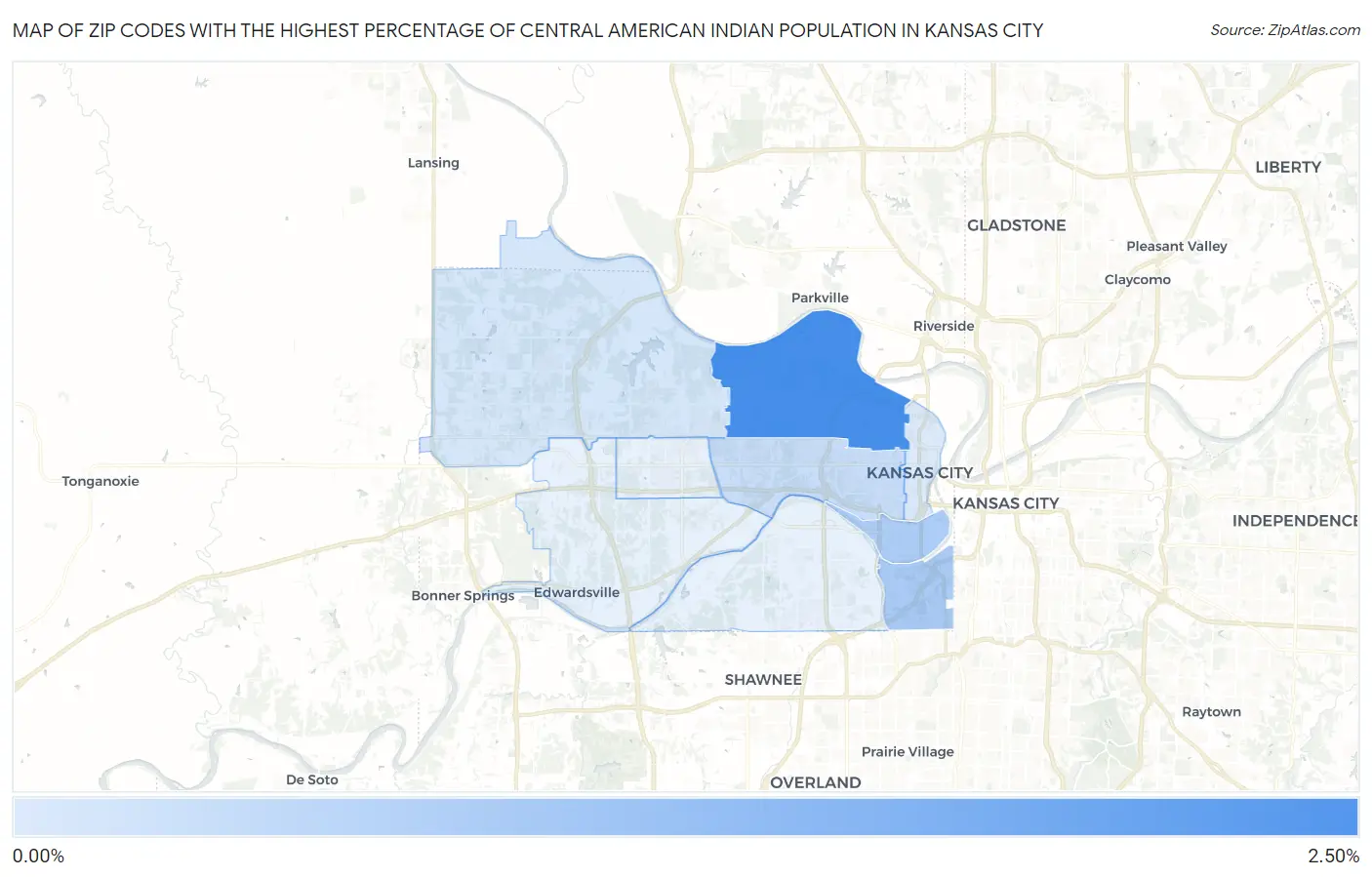 Zip Codes with the Highest Percentage of Central American Indian Population in Kansas City Map