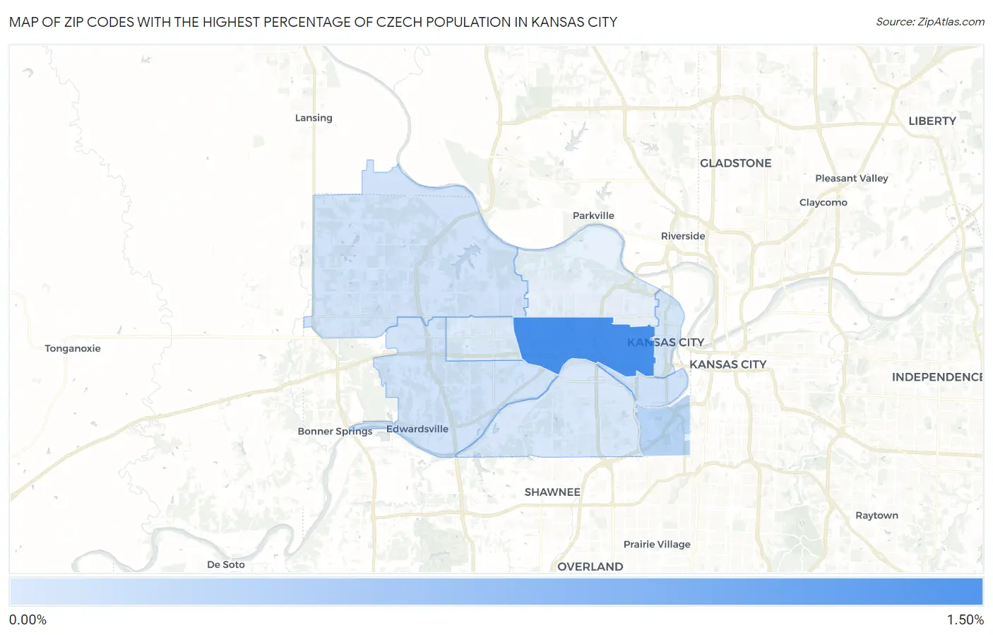 Zip Codes with the Highest Percentage of Czech Population in Kansas City Map