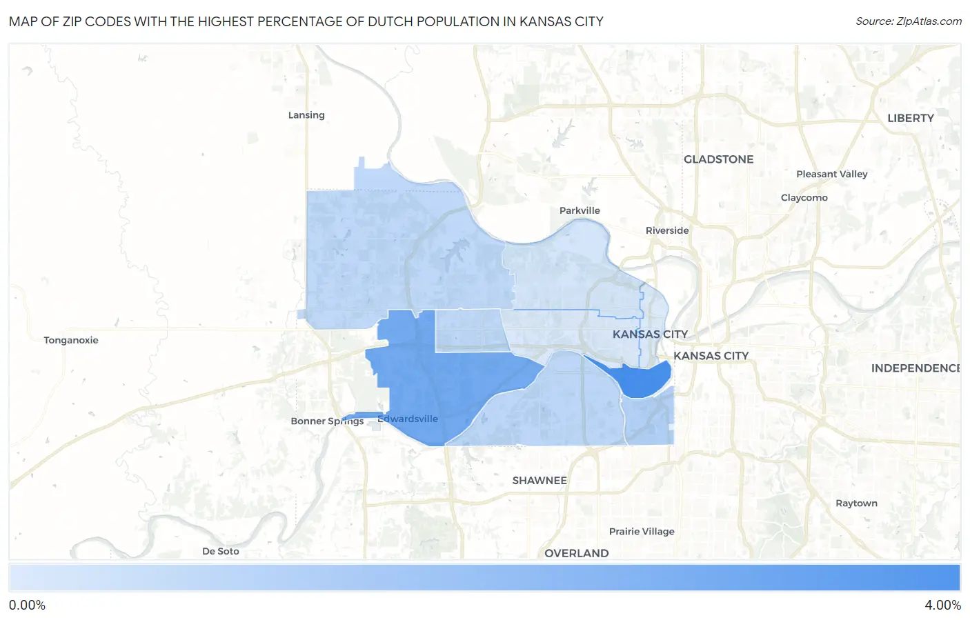Zip Codes with the Highest Percentage of Dutch Population in Kansas City Map