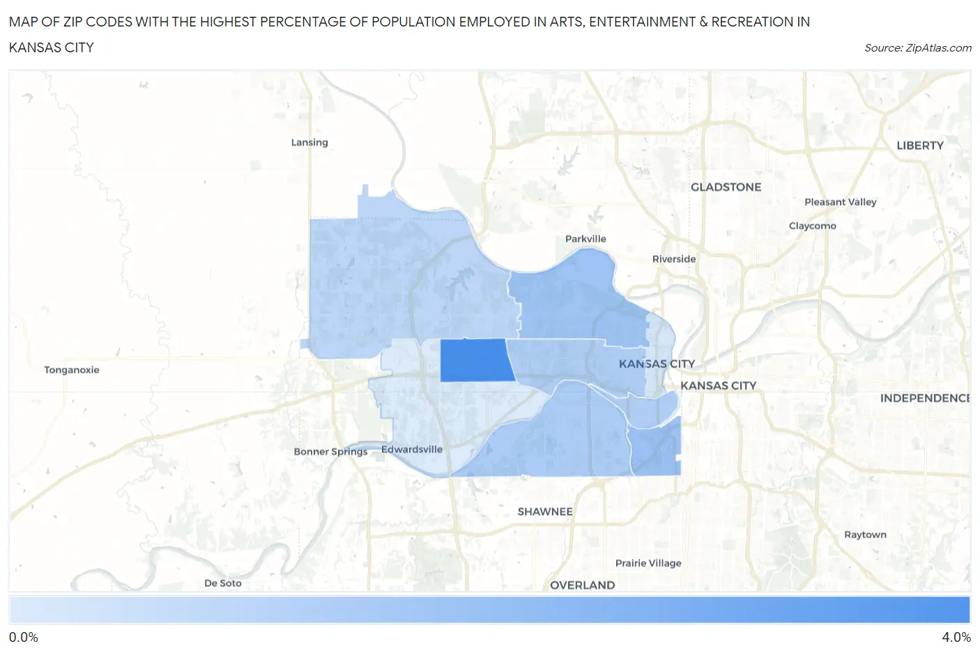 Zip Codes with the Highest Percentage of Population Employed in Arts, Entertainment & Recreation in Kansas City Map