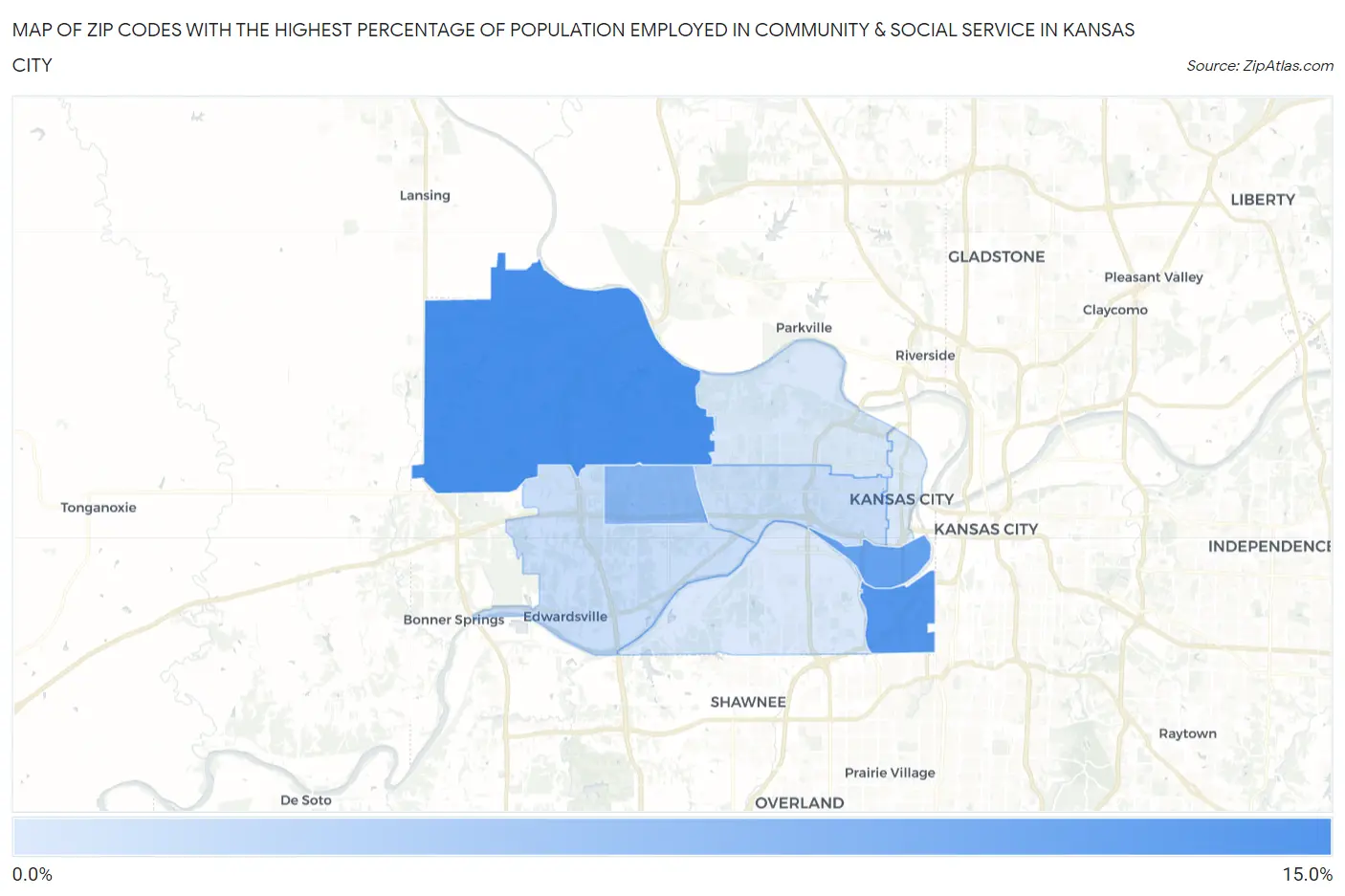 Zip Codes with the Highest Percentage of Population Employed in Community & Social Service  in Kansas City Map