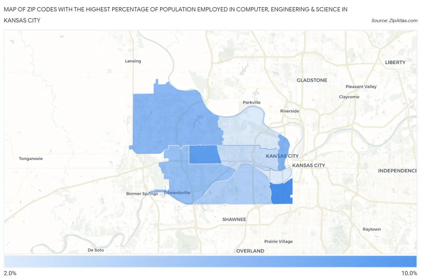 Zip Codes with the Highest Percentage of Population Employed in Computer, Engineering & Science in Kansas City Map