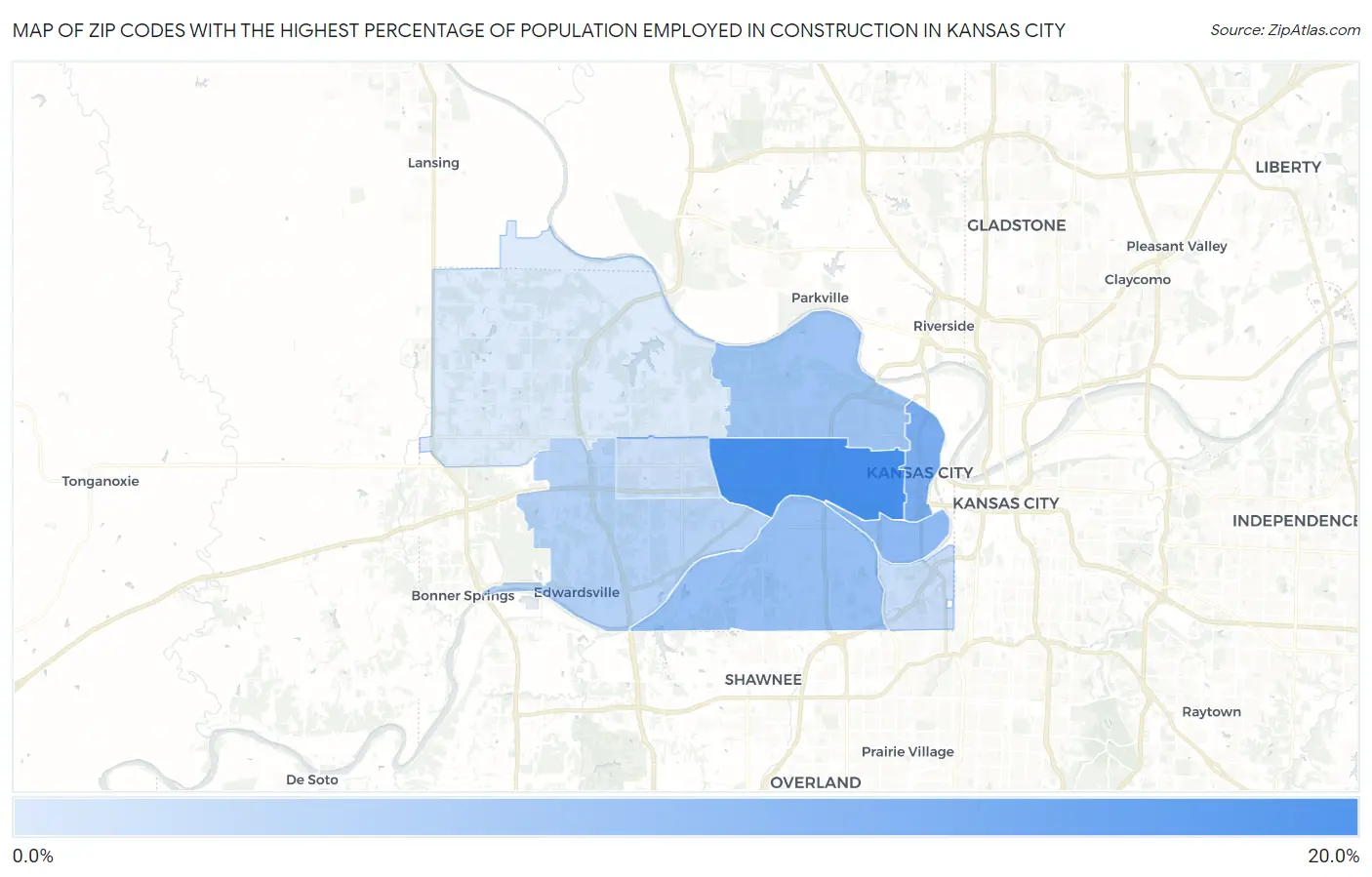 Zip Codes with the Highest Percentage of Population Employed in Construction in Kansas City Map
